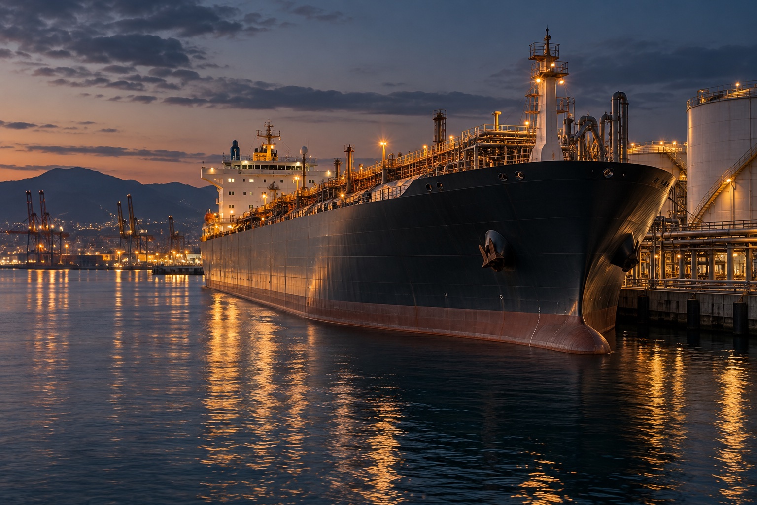 Tanker at a port terminal with storage tanks and pipework