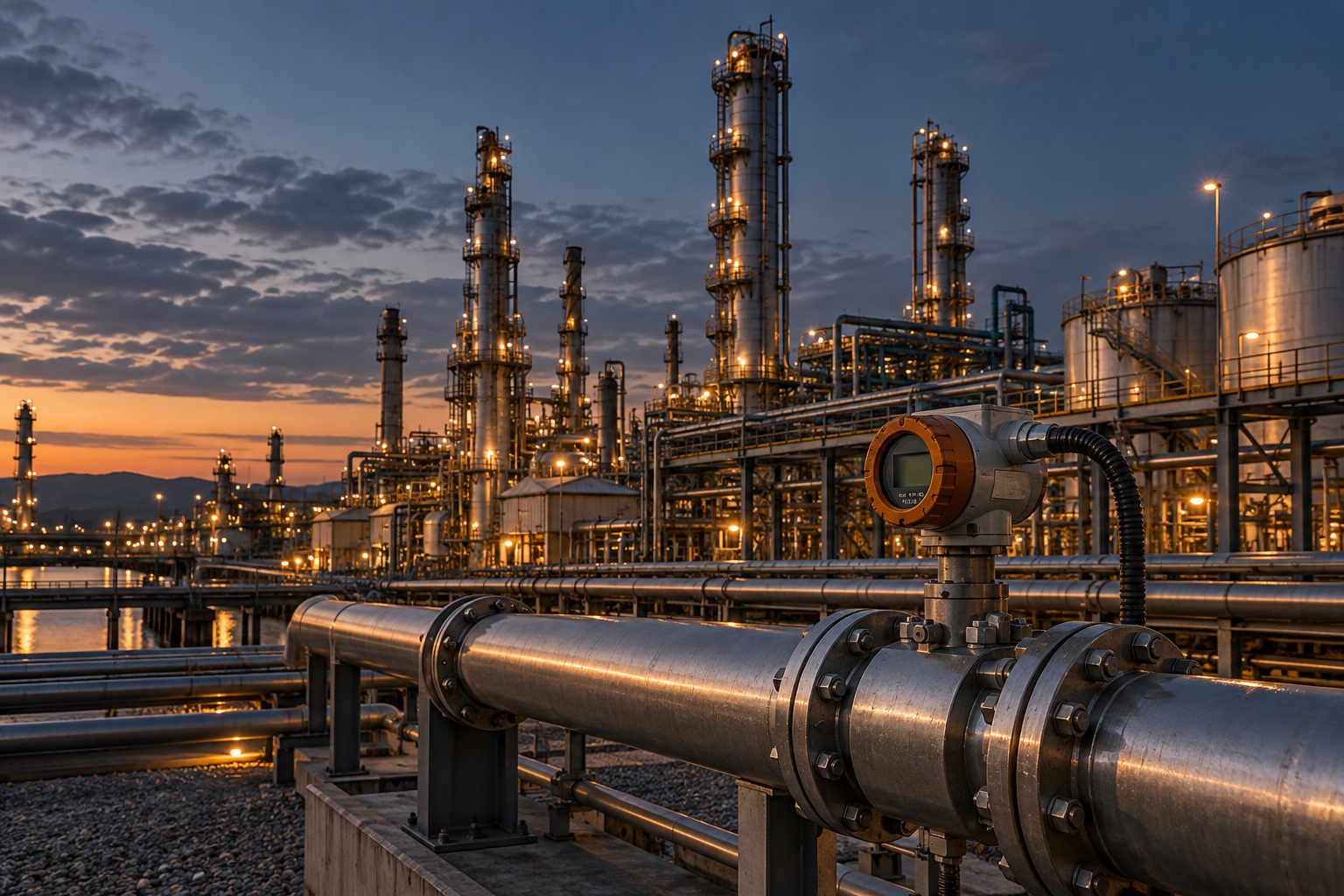 Oil and gas facility with a process measurement instrument on foreground pipework